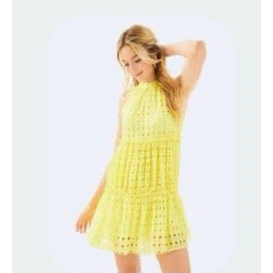 Lilly Pulitzer Indira Dress Large Yellow Eyelet Tiered Swing Shift Sleeveless